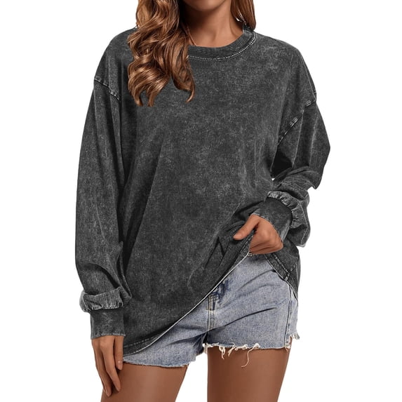 IMENGL Long Sleeve Shirts for Women Soft Crewneck Oversized Loose Fit Acid Wash Color Sweatshirt T-Shirt Casual Women's Basic Tee Long Sleeve Tops,Gray