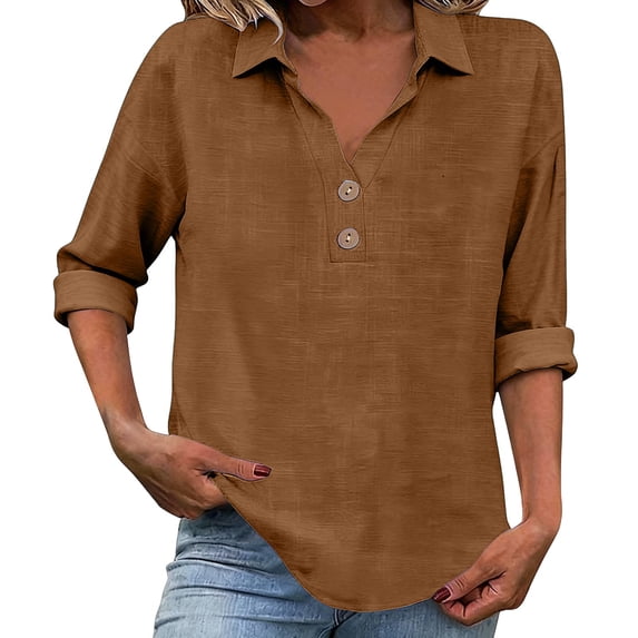 IMENGL Long Sleeve Shirts for Women Soft Linen 2026 Loose Fit V Neck Button Down Cute Solid Summer Beach T-Shirt Casual Women's Basic Tee Long Sleeve Tops,Brown