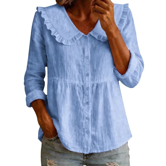 IMENGL Long Sleeve Shirts for Women Casual Collar Button Down Cotton Blend Solid Color T-Shirt Soft Women's Basic Tee Long Sleeve Tops,Blue