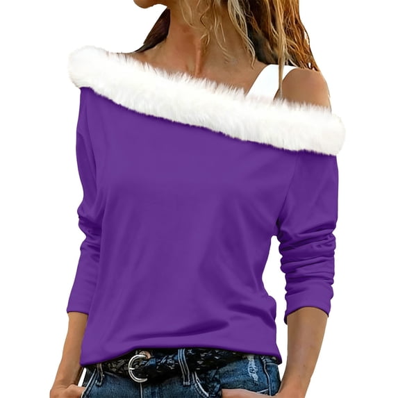 IMENGL Long Sleeve Shirts for Women Casual Fashion Solid Color Shoulder Strap Plush Collar Soft T-Shirt Women's Basic Tee Long Sleeve Tops,Purple