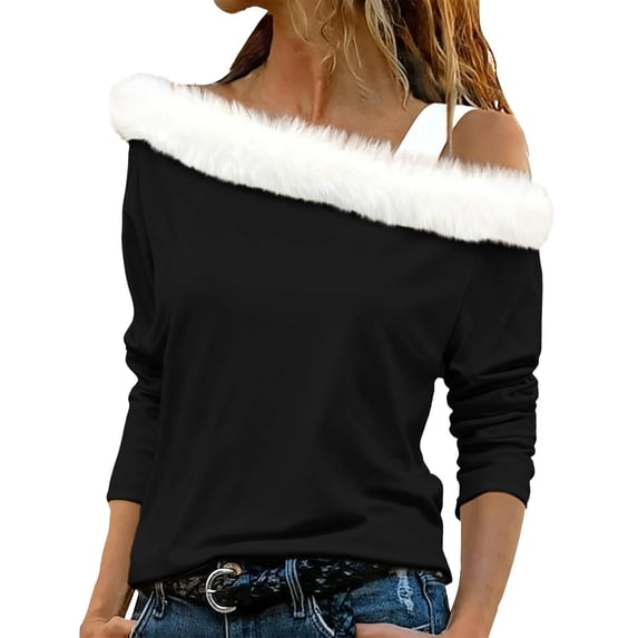 IMENGL Long Sleeve Shirts for Women Casual Fashion Solid Color Shoulder Strap Plush Collar T-Shirt Soft Women's Basic Tee Long Sleeve Tops,Black
