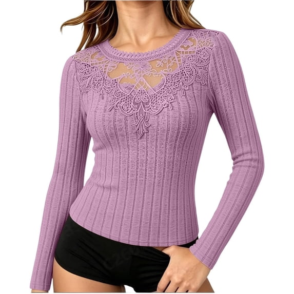 IMENGL Long Sleeve Shirts for Women Casual Lace Mesh Gothic Layering Ribbed Soft T-Shirt Women's Basic Tee Long Sleeve Tops,Purple