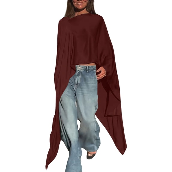 IMENGL Long Sleeve Shirts for Women Casual Loose Solid Batwing Chiffon Wrap Poncho Tunic pe Soft T-Shirt Women's Basic Tee Long Sleeve Tops,Brown