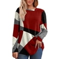 thumbnail image 1 of IMENGL Long Sleeve Shirts for Women Casual Patchwork Printed Round Neck Loose Soft T-Shirt Women's Basic Tee Long Sleeve Tops,Red, 1 of 5
