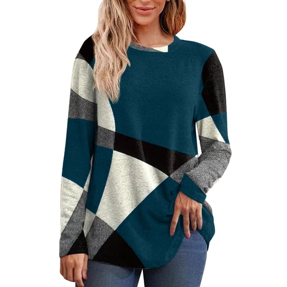 IMENGL Long Sleeve Shirts for Women Casual Patchwork Printed Round Neck Loose T-Shirt Soft Women's Basic Tee Long Sleeve Tops,Blue