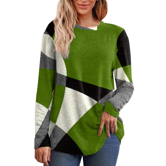 IMENGL Long Sleeve Shirts for Women Casual Patchwork Printed Round Neck Loose T-Shirt Soft Women's Basic Tee Long Sleeve Tops,Green