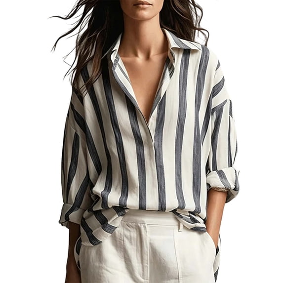IMENGL Long Sleeve Shirts for Women Casual Striped V Neck Loose Fit Blouses Collared Clothes Soft T-Shirt Women's Basic Tee Long Sleeve Tops,Gray