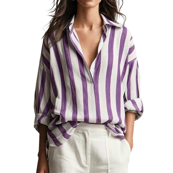 IMENGL Long Sleeve Shirts for Women Casual Striped V Neck Loose Fit Blouses Collared Clothes T-Shirt Soft Women's Basic Tee Long Sleeve Tops,Purple