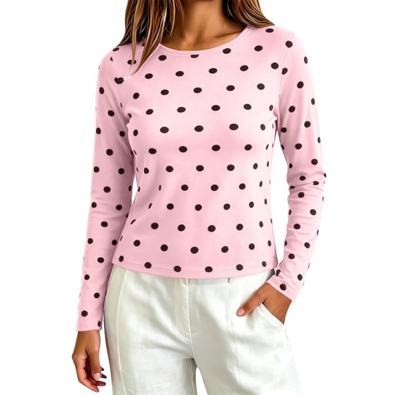 IMENGL Long Sleeve Shirts for Women Soft Dots Cute Crop ns T-Shirt Casual Women's Basic Tee Long Sleeve Tops,Pink