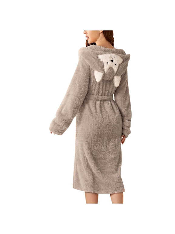 Pajamas for Women Robes Double Pocket 3d Ear Hooded Flannel Bath and Warm Double-Faced Velvet Bath and Home Wear Soft Nightgowns & Sleepshirts Women's Sleepwear,Gray
