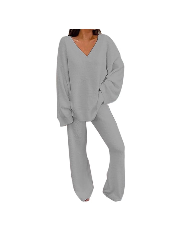 Pajamas for Women Nightgowns & Sleepshirts Fuzzy Sets 2 Piece Outfits Long Sleeve Top Wide Leg Pants Sets Soft Robes Women's Sleepwear,Gray