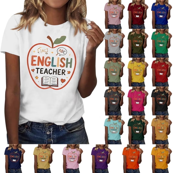 IMENGL Short Sleeve T-Shirts for Women Casual English Teacher Graphic Round Neck Teacher Tee Loose Basic Women's Short Sleeve Top,M-XXXL