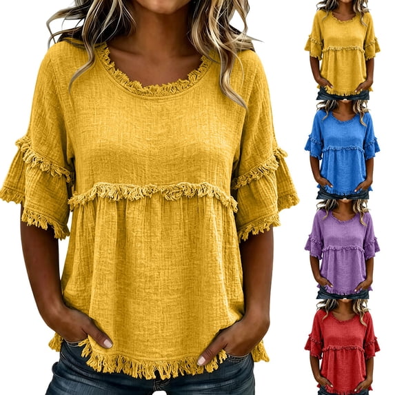 IMENGL Short Sleeve T-Shirts for Women Casual Lady's Fringed Hairdo Round Neck Blouse Stylish Blouse Pants Loose Basic Women's Short Sleeve Top,M-XXL