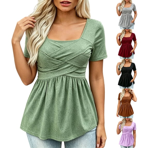 IMENGL Short Sleeve T-Shirts for Women Casual Peplum Waist Neck | Peplum Cotton Neck Color Blouse Loose Basic Women's Short Sleeve Top,M-XXL