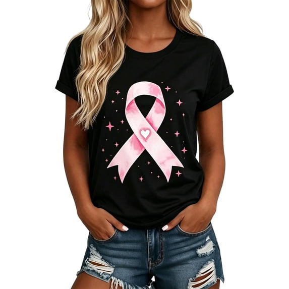 IMENGL Short Sleeve T-Shirts for Women Casual Ribbon Breast Cancer Awareness Heart Star Print Neck Tee Loose Basic Women's Short Sleeve Top,M-XXXL
