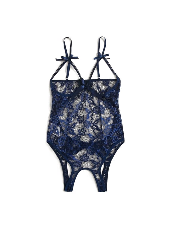 Underwear for Women Charming Bow Lace Hollow Open Crotch Bodysuit Backless Jumpsuit Nightdress Babydoll Women's Lingerie,Blue