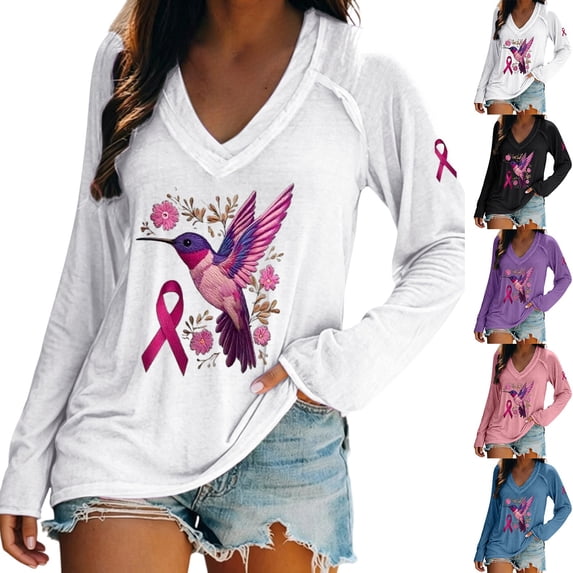 IMENGL Women Long Sleeve Shirt Loose Breast Cancer Awareness Printed Ribbon Tshirt Casual Basic Long Sleeve Tops for Womens,M-XXXL