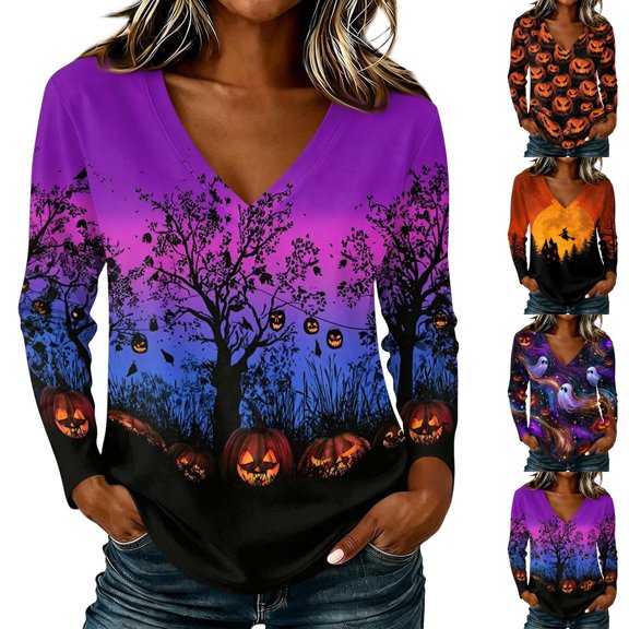 IMENGL Women Long Sleeve Shirt Loose Fit Split V Neck Halloween Pumpkin Bat Fall Blouses Basic Casual Long Sleeve Tops for Womens,M-XXXL