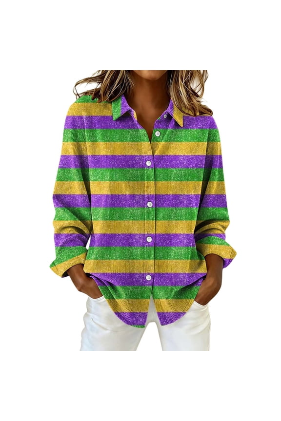 Women'S Printed Lapel Shoulder Corduroy Long Sleeved Shirt Casual Street Style Top Blue M