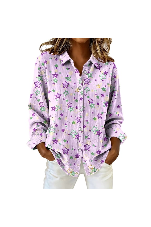 Women'S Printed Lapel Shoulder Corduroy Long Sleeved Shirt Casual Street Style Top Purple XXL