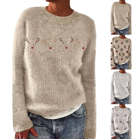 IMENGL Women's Christmas Sweaters Long Sleeve Vintage Art Print Knit Neck Oversized Holiday Pullover Tops,Winter Sales,S-5XL