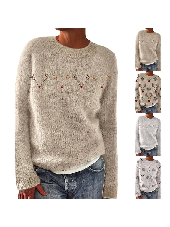 Women's Christmas Sweaters Long Sleeve Vintage Art Print Knit Neck Oversized Holiday Pullover Tops,Winter Sales,S-5XL