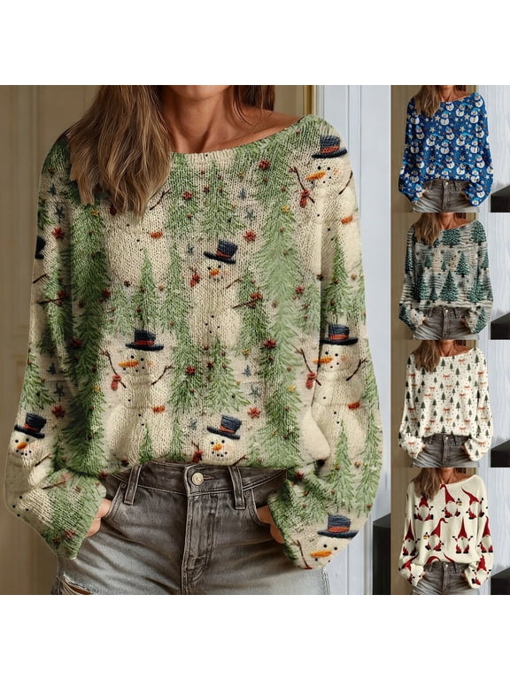 Women's Christmas Sweaters Oversized Plus Size Printed Santa/Snowflake Tree Print Knit Soft Loose Holiday Long Sleeve Pullover Tops,Winter Sales,S-3XL