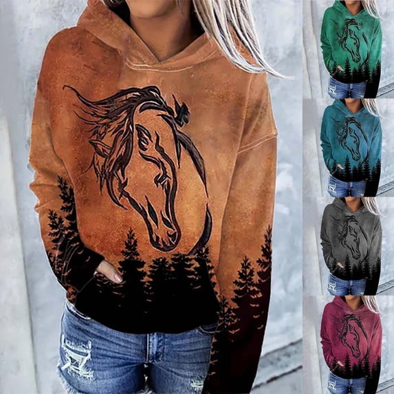 IMENGL Women's Hoodies Sweatshirts Casual Long Sleeved Horse and Printed Loose Fit Oversized Essentials Hoodie,S-XXL