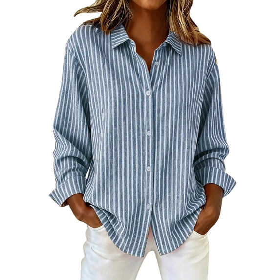IMENGL Women's Long Sleeved Shirts Spring And Autumn Striped Printed Button Down Shirts Retro Shirts Fashionable Daily Casual Tops Blue XXXL