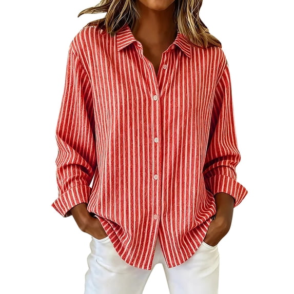 IMENGL Women's Long Sleeved Shirts Spring And Autumn Striped Printed Button Down Shirts Retro Shirts Fashionable Daily Casual Tops Red XXL