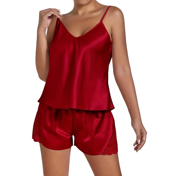 IMENGL Women's Pajamas Set Loungewear Silk Satin Ruffled Shorts Satin Shorts Nightwear Sleepwear Onesises Pajama Sets for Women,Red