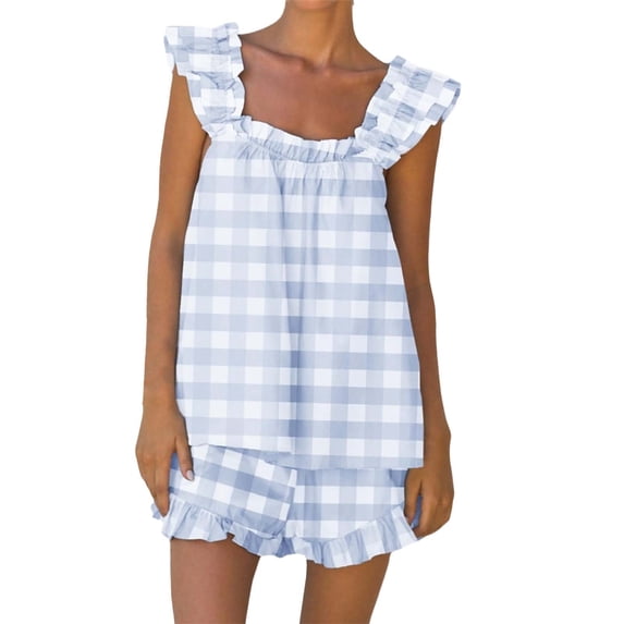 IMENGL Women's Pajamas Set Loungewear Soft Cotton Summer 2 Outfits Ruffle Trim Top and Shorts Sleepwea Onesises Sleepwear Pajama Sets for Women,Blue