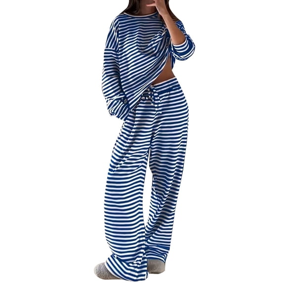 IMENGL Women's Pajamas Set Loungewear Striped 2 Piece Outfits Long Sleeve Top and Wide Leg Pant Fall Winter Cozy Sleepwear Onesises Pajama Sets for Women,Blue