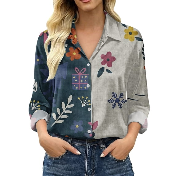 IMENGL Women's Satin Long Sleeve Shirt Women's Retro Flower Casual Printed Shirt Blue XXXL