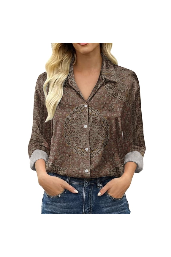 Women's Satin Long Sleeve Shirt Women's Retro Flower Casual Printed Shirt Brown XXL