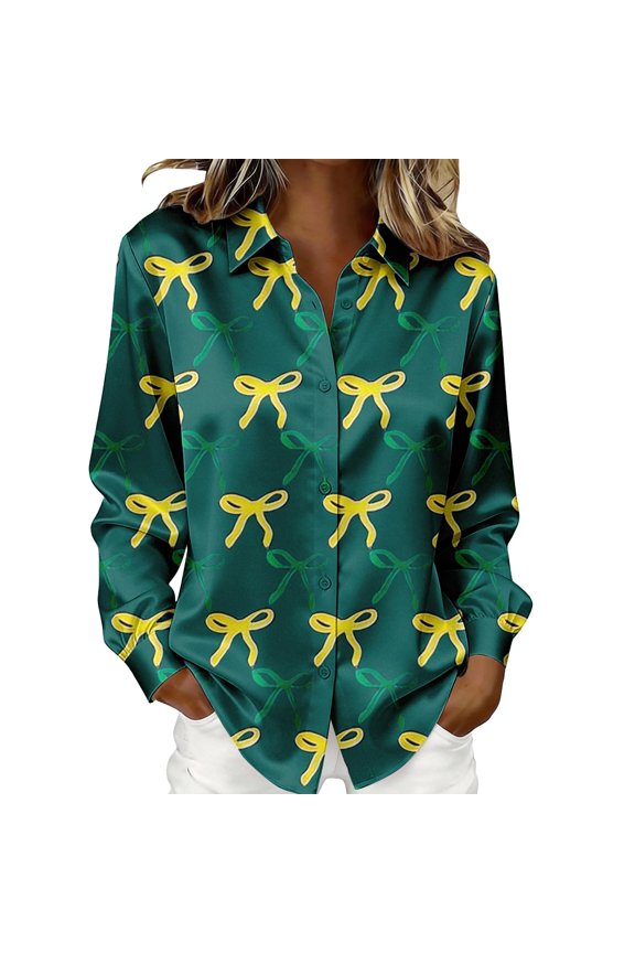 Women's St. Day Blouse Long Sleeve Button Down Satin Shirt Green Printed Like Satin Top For Casual Daily Wear Multicolor XXXL