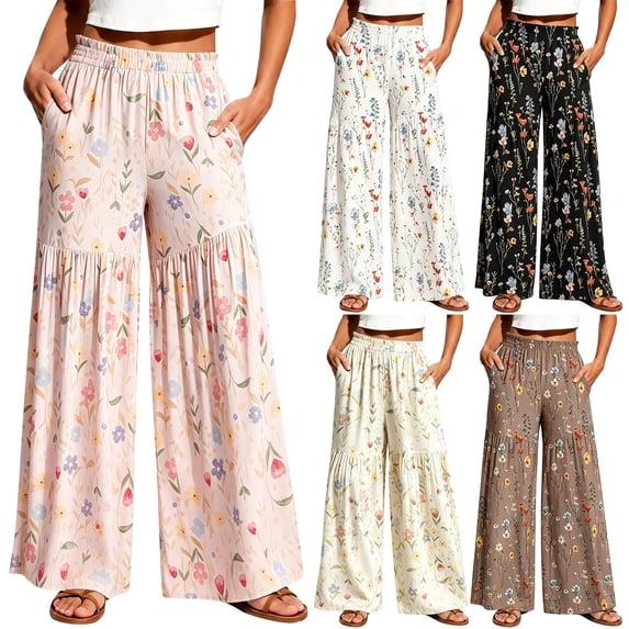 IMENGL Women's Wide Leg Pants Soft Elastic High Waist Print with Side Pockets Trousers Loose Casual Cropped Pant for Womens,M-XXL