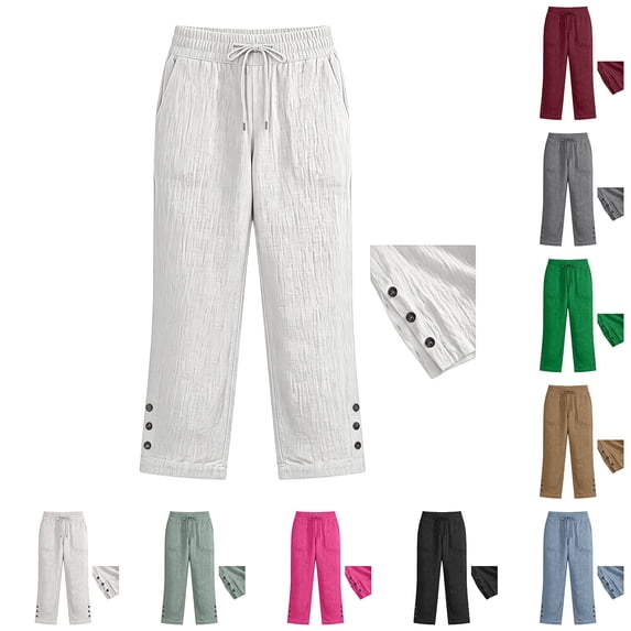 IMENGL Women's Wide Leg Pants Soft Linen Summer with Pockets Elastic and Comfortable Sports and Leisure Trousers Loose Casual Cropped Pant for Womens,M-XXXL