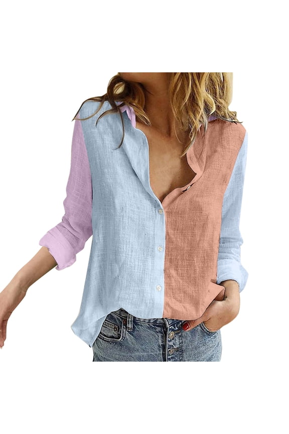 Womens Button Down Shirts V Neck Casual Long Sleeve Roll Up Loose Plain Blouses Tops Light blue M