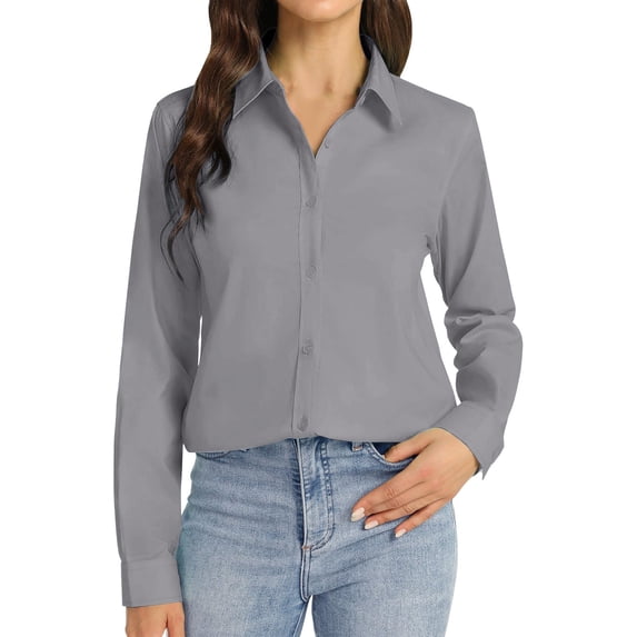 IMENGL Womens Long Sleeve Tops Collared V Neck Shirts Lightweight Sweatshirt 2024 Fall Fashion Clothes Grey L