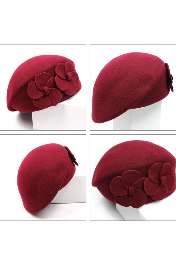 1Pc Elegant Red Woolen Beret Winter Warm Beret with Fashion Double Flower Design