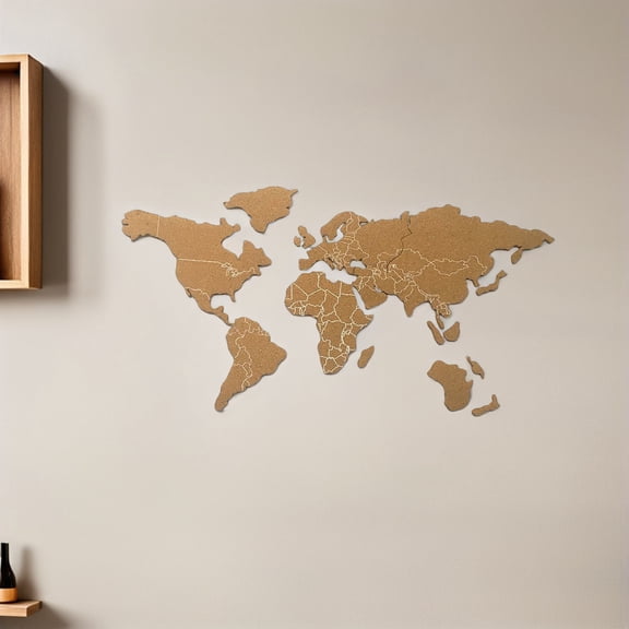 IMIKEYA Decorative World Map Cork Board Brown Wood for Wall Display and Messages 1Set