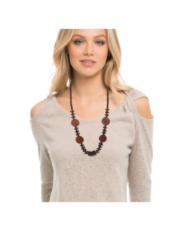 Chunky Brown Wood Shell Necklace Beaded Boho Coconut with Long Design
