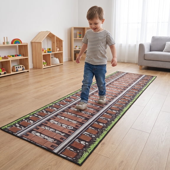 IMIKEYA Light Brown Polyester Railroad Track Rug for Bedroom with Cushioned Antislip Design