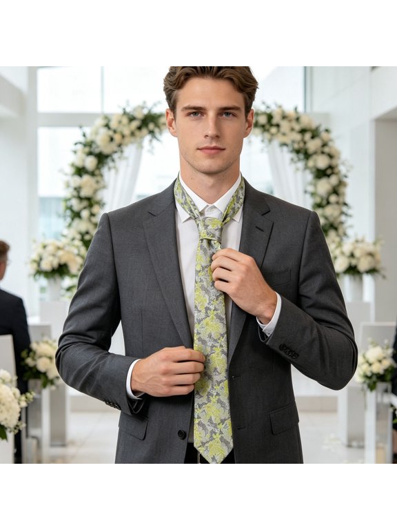Mens Floral Necktie Light Green Botanical Print Durable Polyester Wedding Use