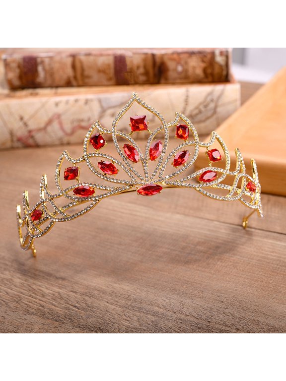 Red Crystal Bridal Crown with Alloy and Rhinestone Elegant Headpiece for Wedding