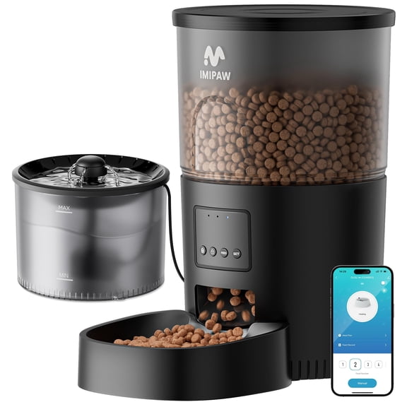 IMIPAW Automatic Cat Feeder 5G WiFi and Water Dispenser, Timed Dry Food Dispenser APP Remote Control, Programmable Portions, with Desiccant, Cat Fountains for Drinking with Filter, Small Pets (Combo)