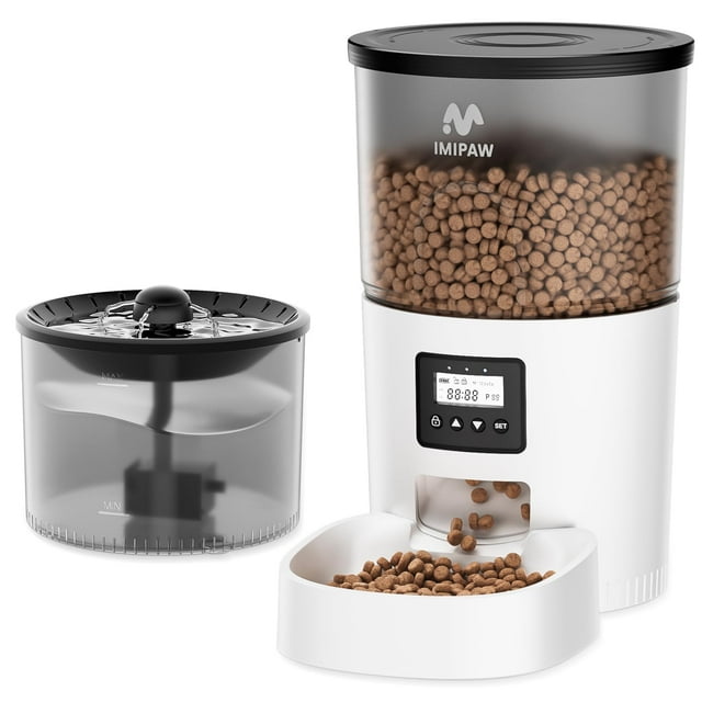 IMIPAW Automatic Cat Feeder and Water Fountain, Timed Pet Dry Food