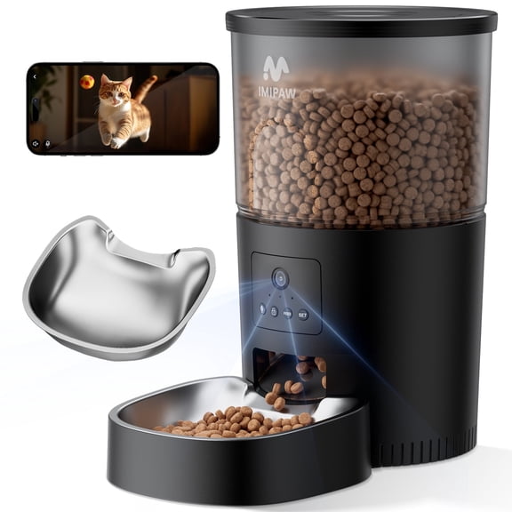 IMIPAW Automatic Cat Feeder with HD Camera, 5G WiFi APP Remote Control, AI Pet Recognition & Recording, Night Vision, Timed Programmable Food Dispenser - Dual Power Supply, Stainless Steel Bowl & Des
