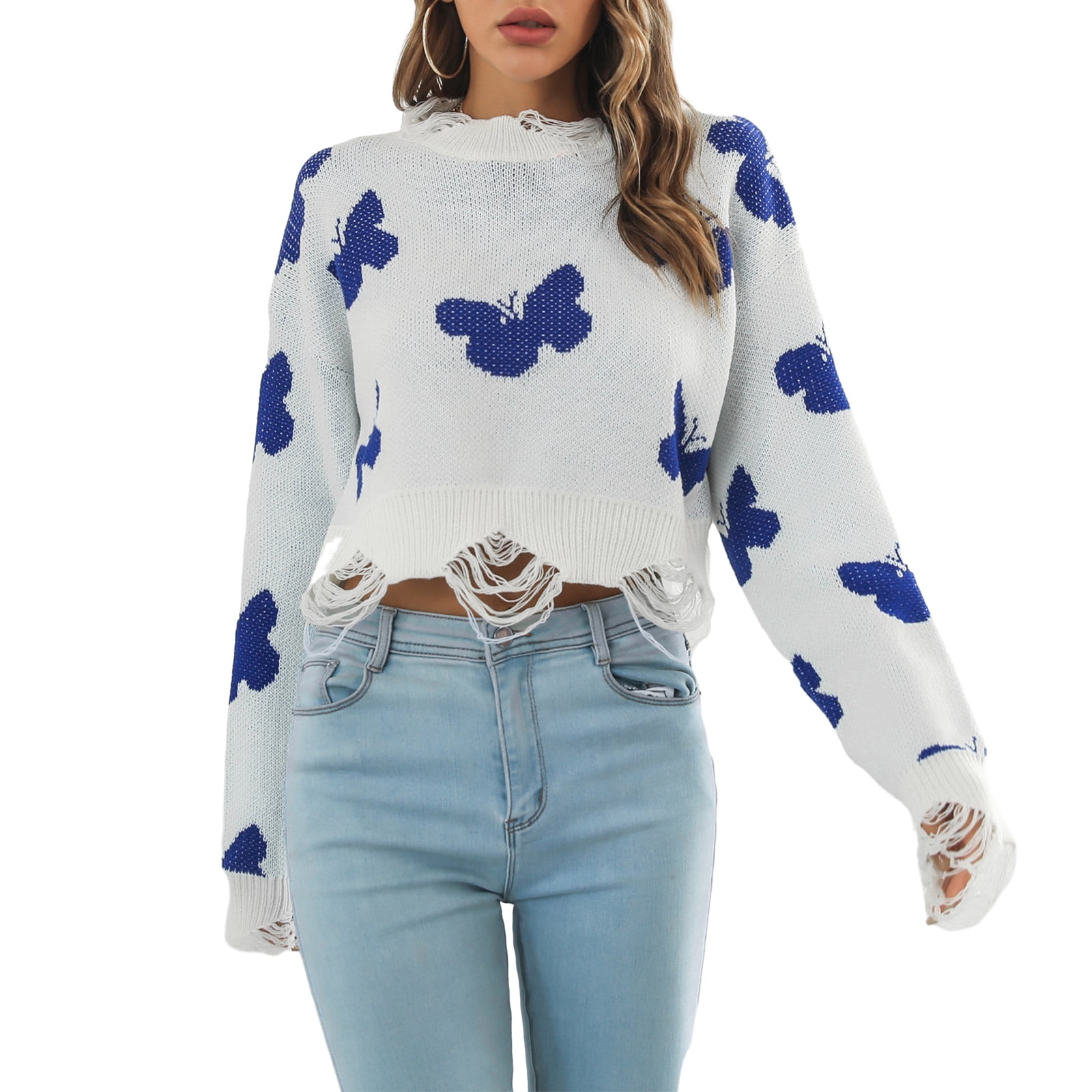 Butterfly Pattern Round Neck Dropped Shoulder Sweater
